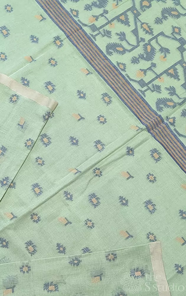 Pista green bengal cotton saree with beige small border