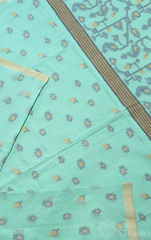 Sea green bengal cotton saree with small buttas over the saree