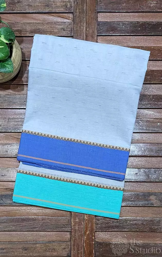 Grey bengal cotton saree with blue and green border