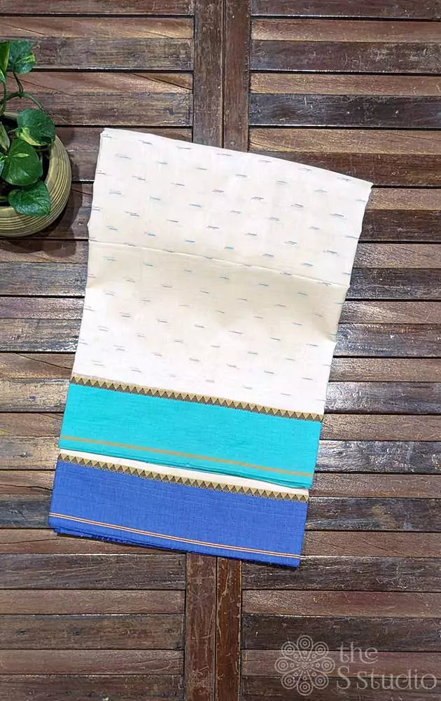White bengal cotton saree with sea green and blue border