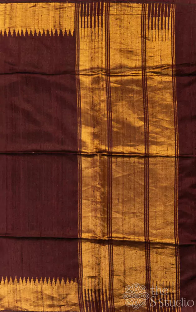Dark brown handloom raw silk saree with temple border