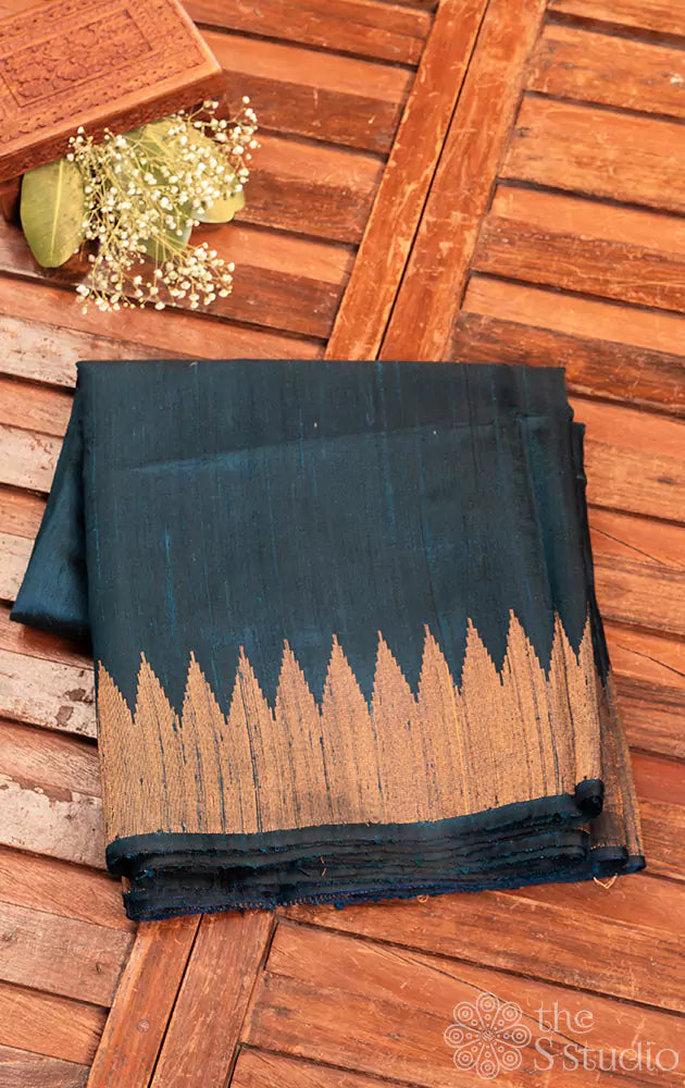 Ocean blue handloom raw silk saree featuring temple zari border