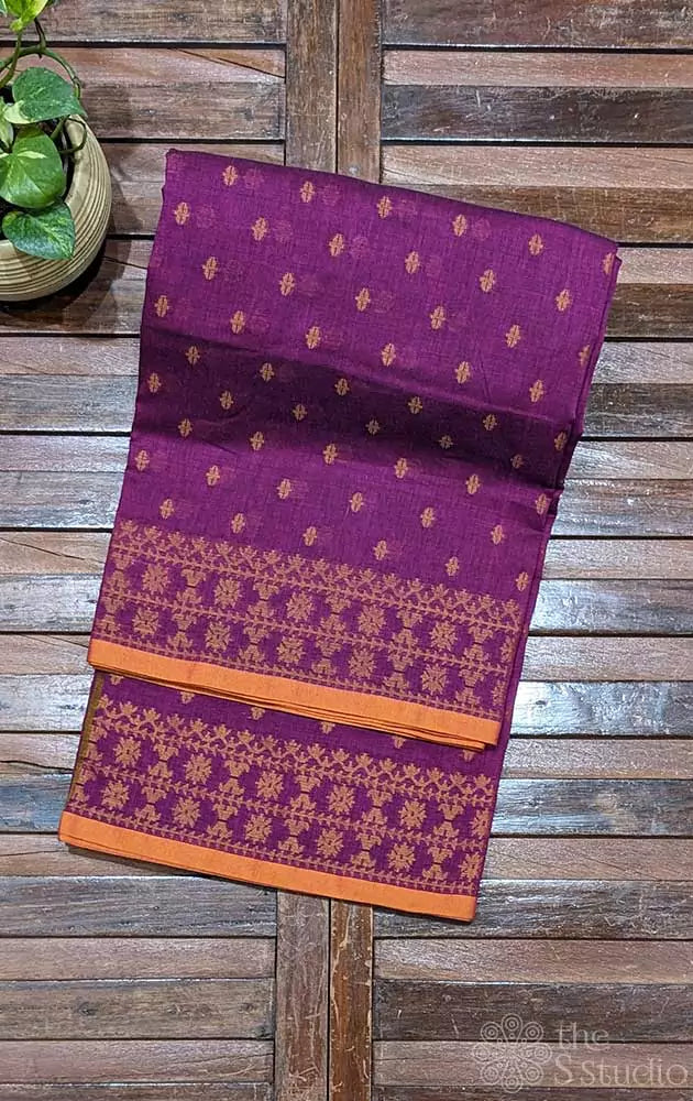 Magenta bengal cotton saree with rust selvedge