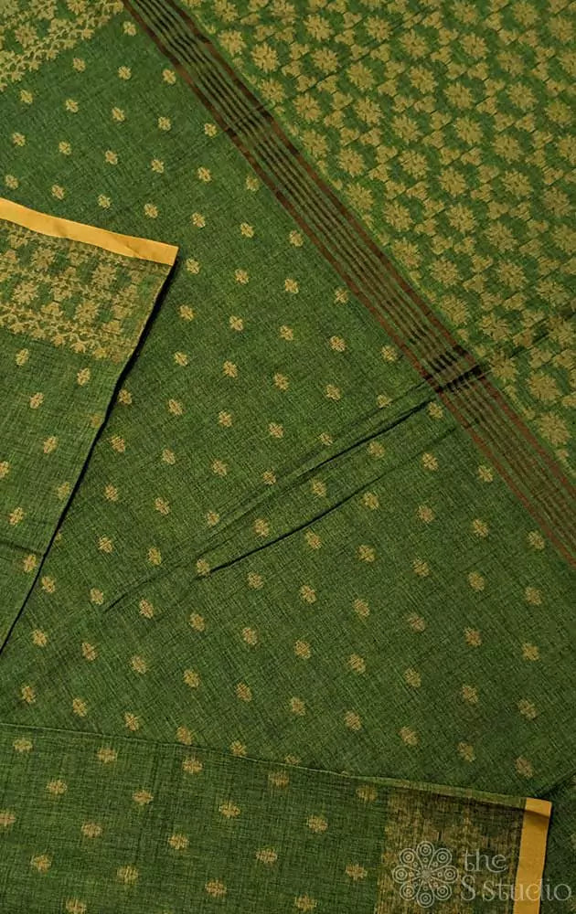 Light green bengal cotton saree with mustard selvedge