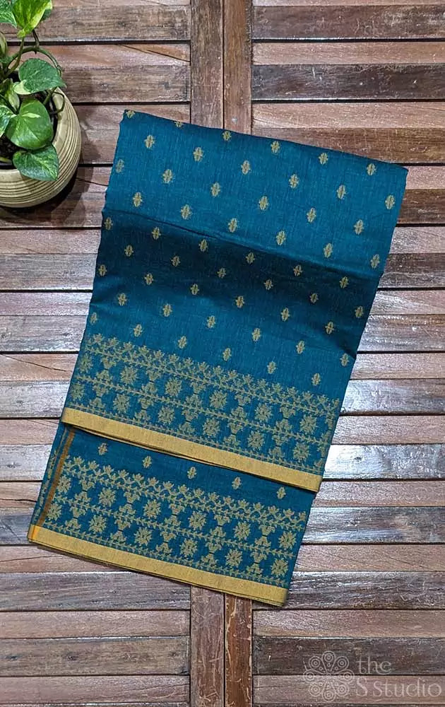 Rama blue bengal cotton saree with mustard  selvedge