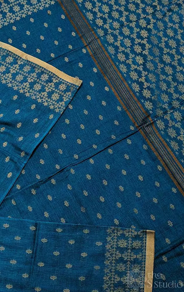 Rama blue bengal cotton saree with mustard  selvedge