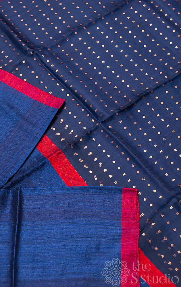Navy blue matka silk saree with  red petite border