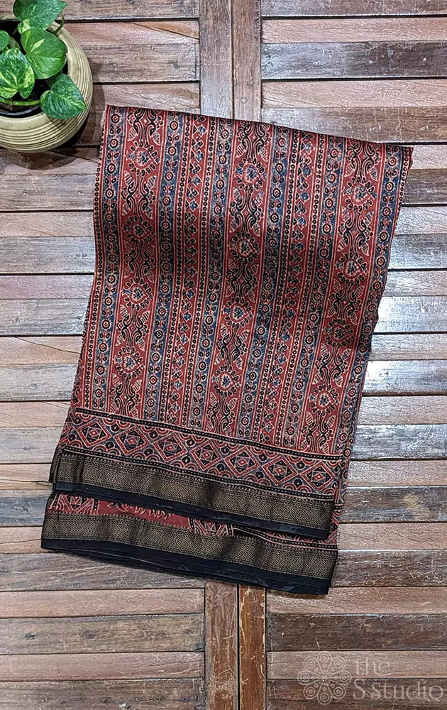 Madder red maheshwari cotton silk saree with ajrakh block prints