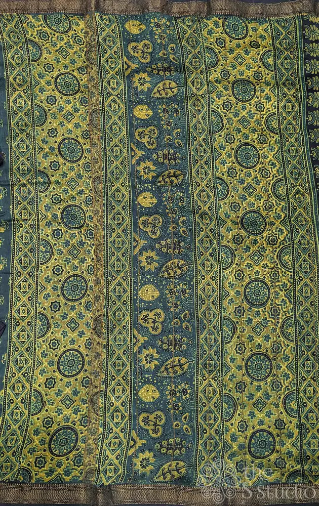Green maheshwari cotton silk saree with mustard block prints