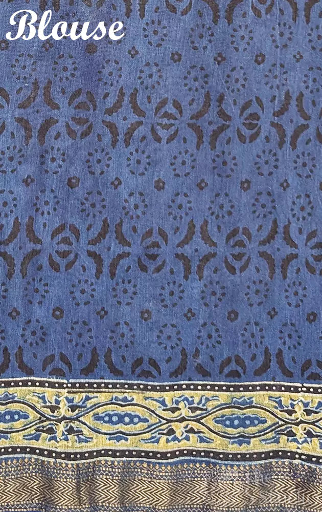 Indigo blue maheshwari cotton silk saree with wavy ajrakh prints