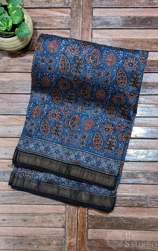 Indigo blue maheshwari cotton silk saree with madder red ajrakh prints