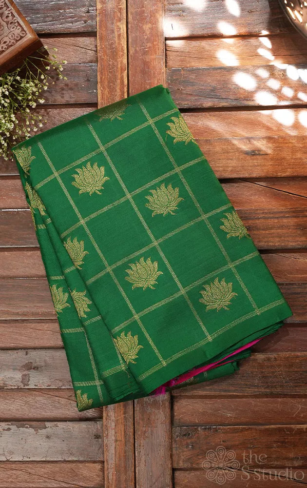 Green checked kanchipuram silk saree with lotus motifs