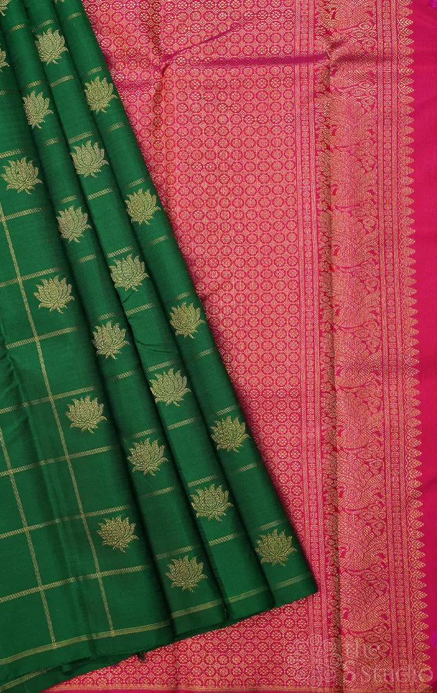 Green checked kanchipuram silk saree with lotus motifs