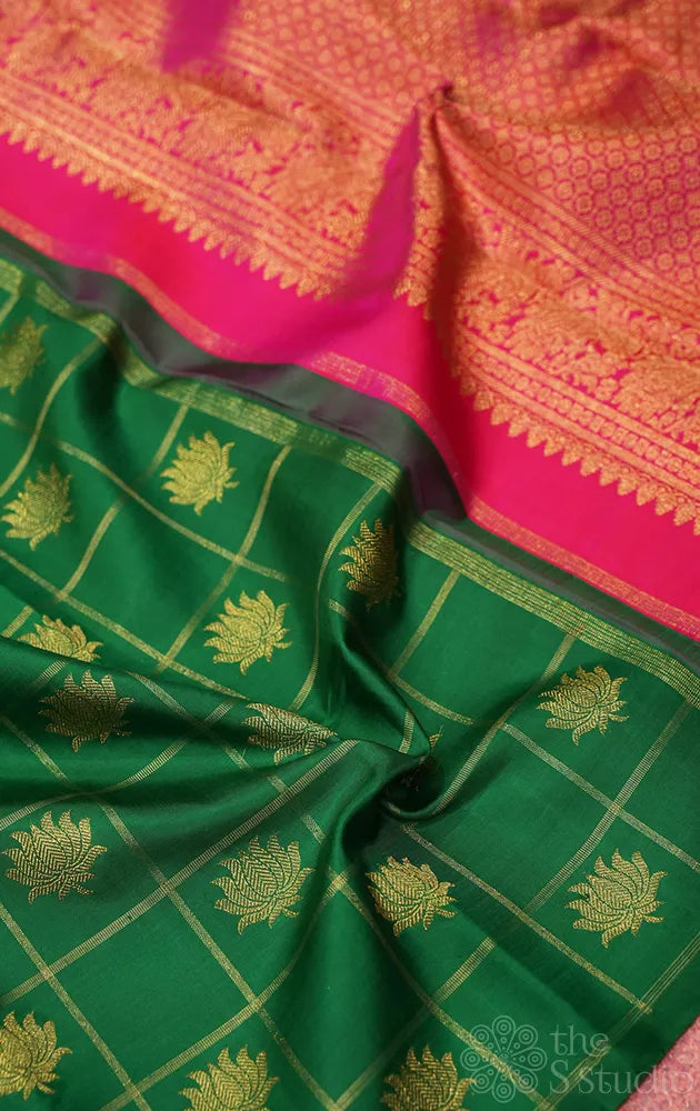 Green checked kanchipuram silk saree with lotus motifs