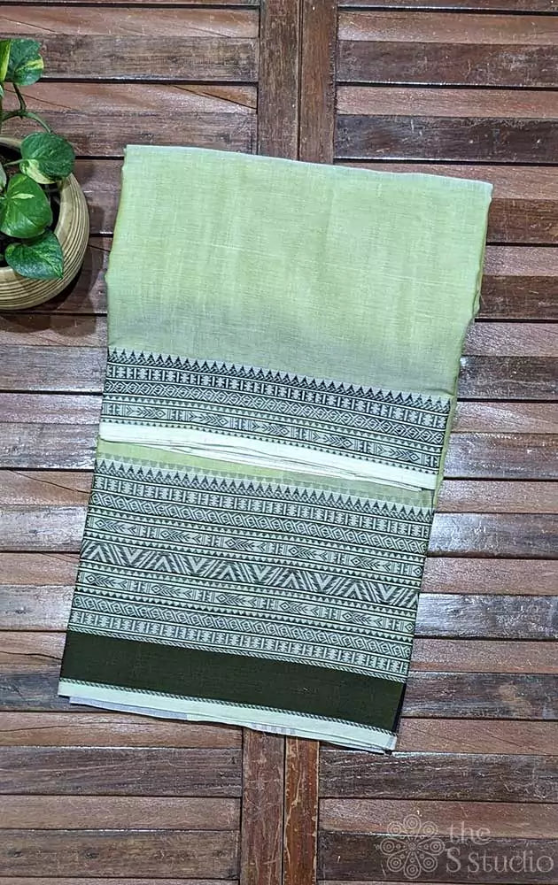 Pista green bengal cotton saree with fishpet border