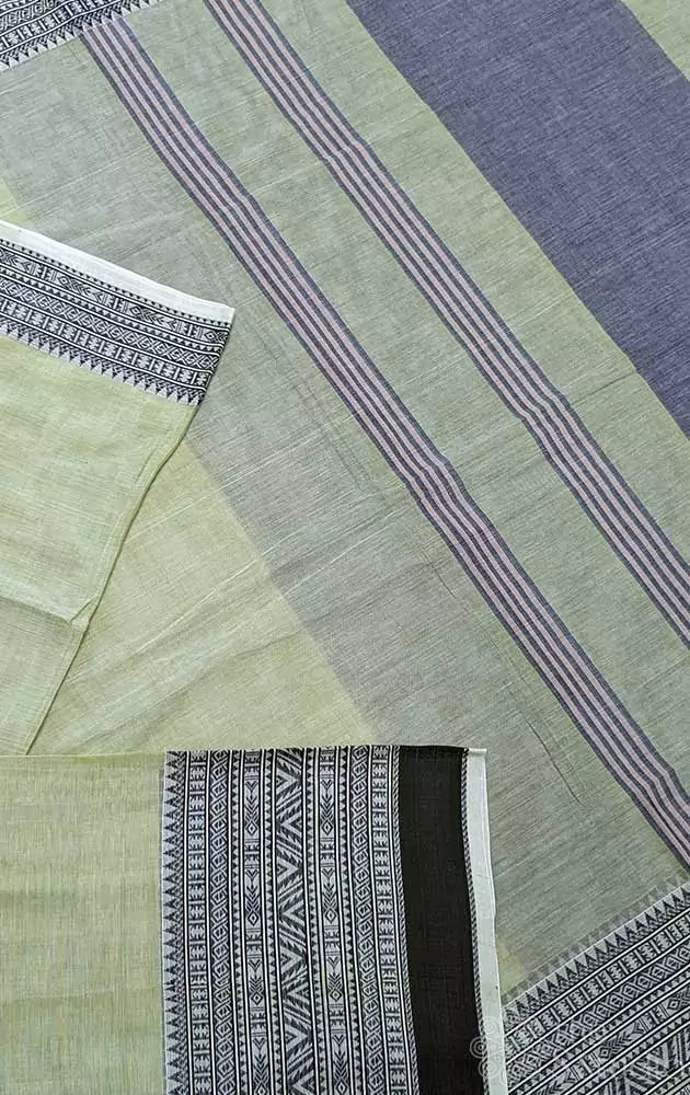 Pista green bengal cotton saree with fishpet border