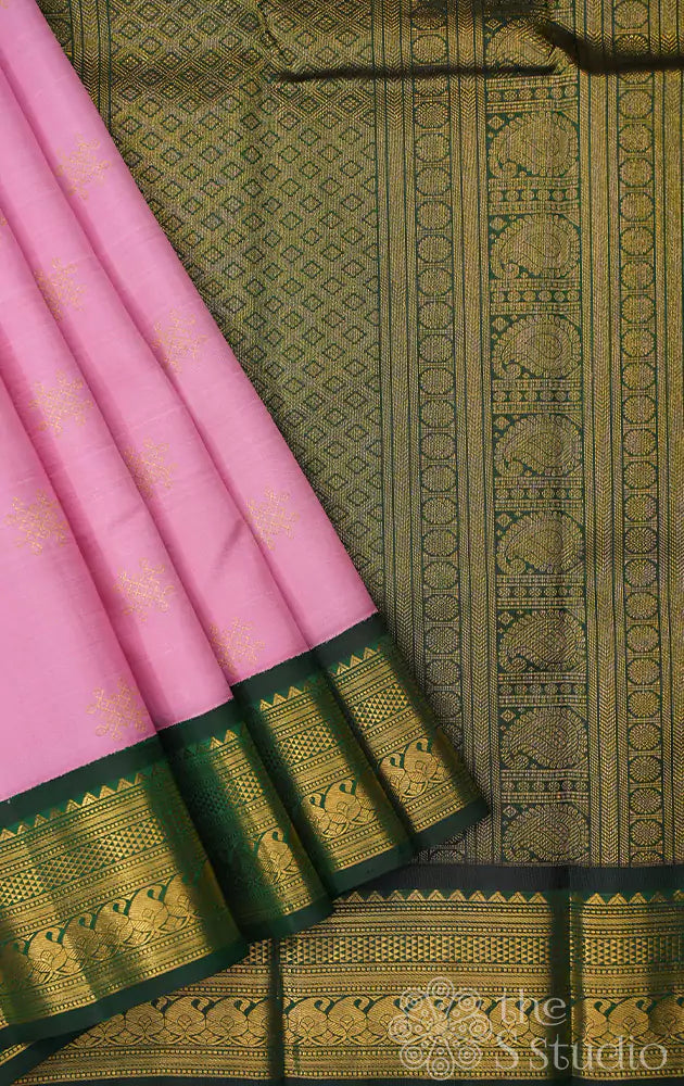 Pink Kanchipuram silk saree with korvai green border