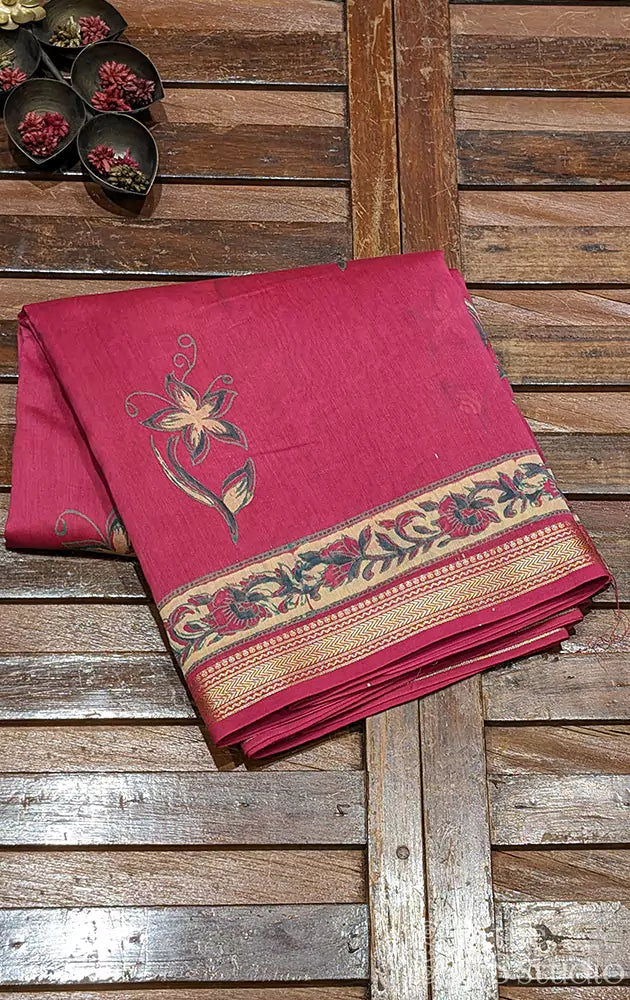Magenta maheshwari cotton silk saree with floral prints