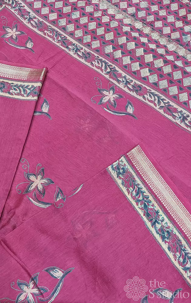 Magenta maheshwari cotton silk saree with floral prints