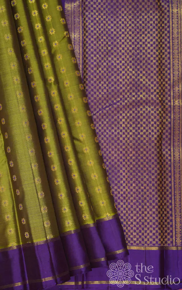 Chutney green kanjivaram saree with violet border and pallu