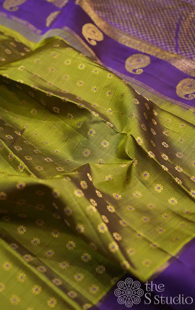 Chutney green kanjivaram saree with violet border and pallu