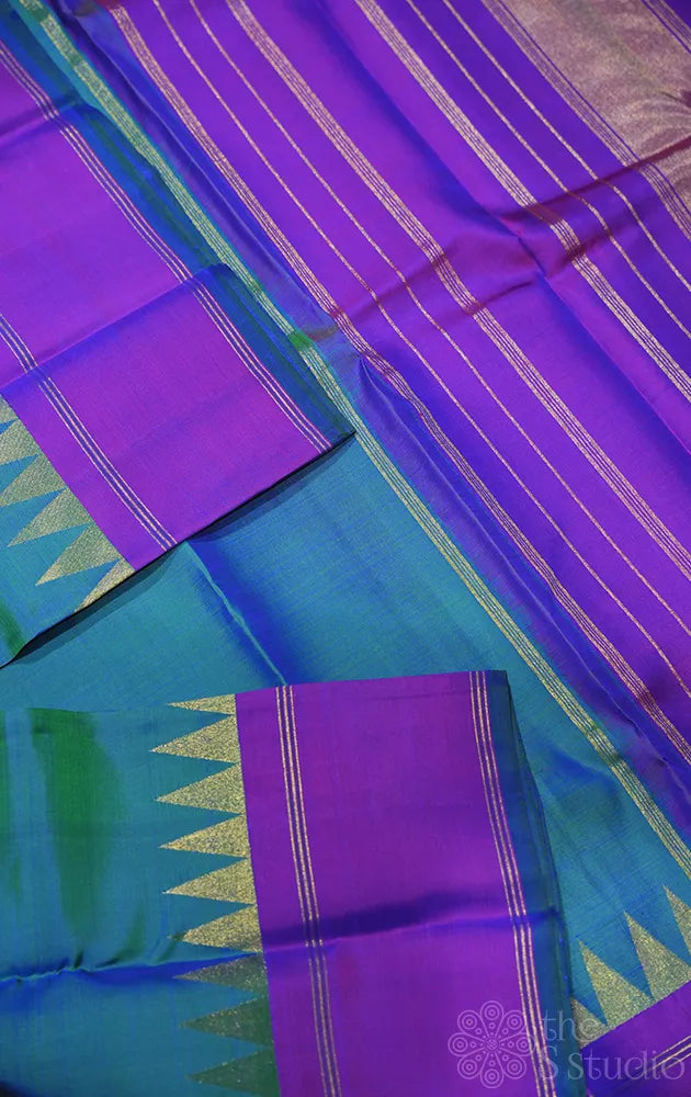 Peacock blue kanchipuram silk saree with temple border