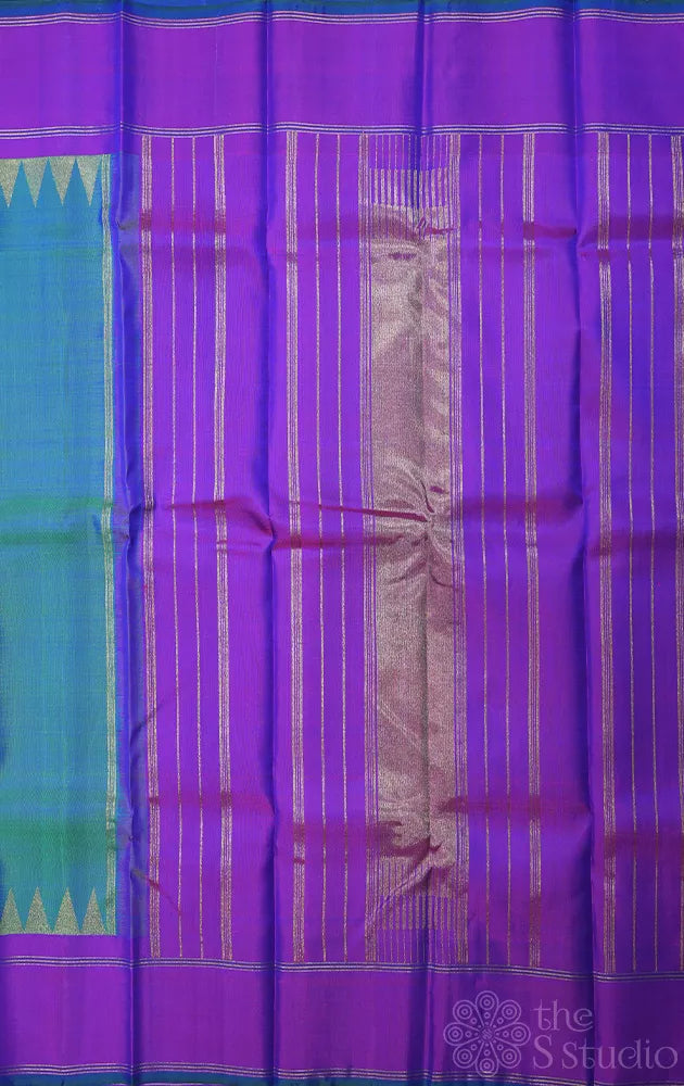 Peacock blue kanchipuram silk saree with temple border