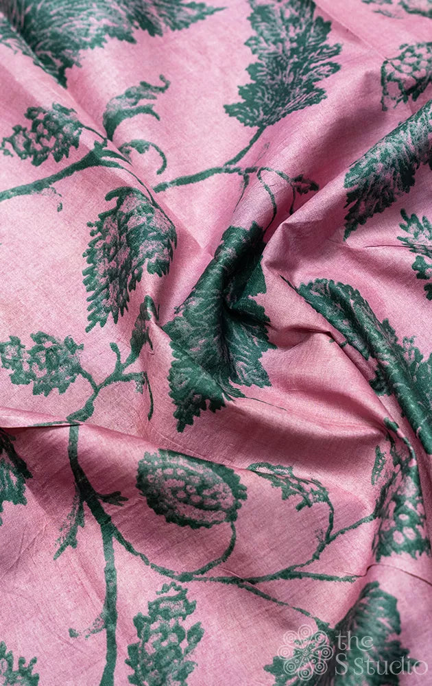 Pink tussar silk saree with green leaf prints