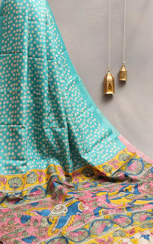 Blue tussar silk saree with parijat flower prints