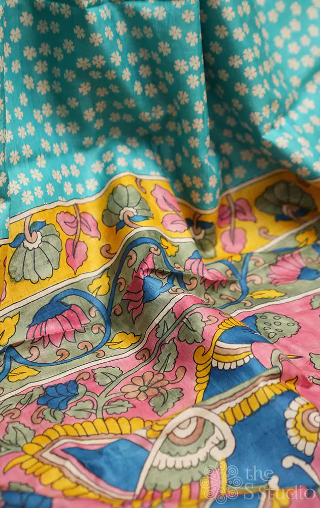 Blue tussar silk saree with hand painted pallu and blouse