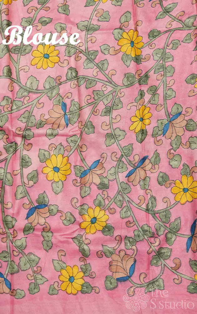 Blue tussar silk saree with hand painted pallu and blouse