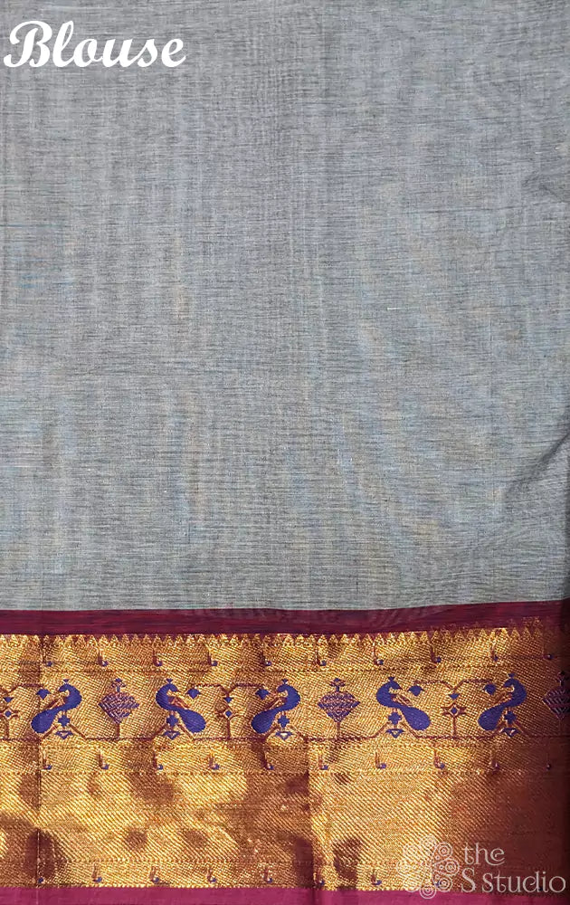 Grey kanchi cotton saree with paithani style border