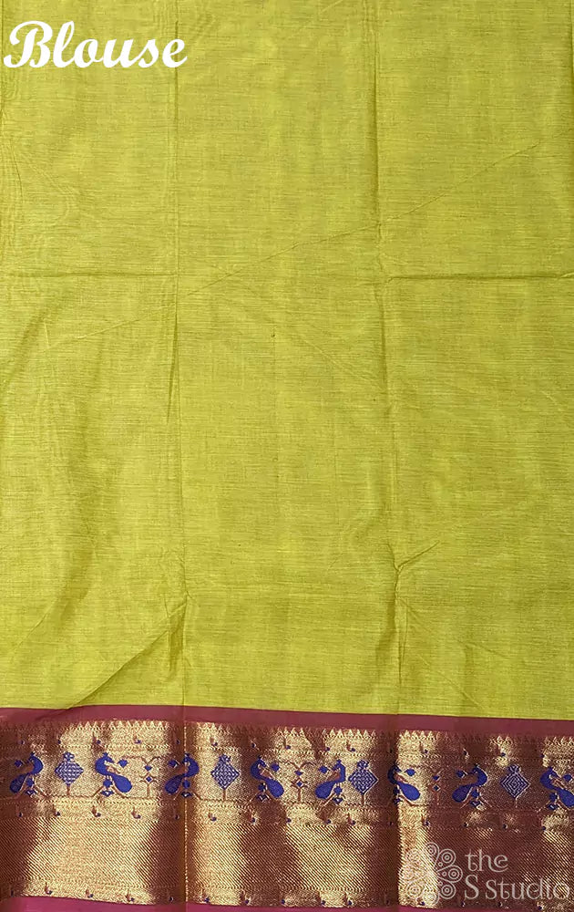 Lime yellow  kanchi cotton saree with zari paithani style border
