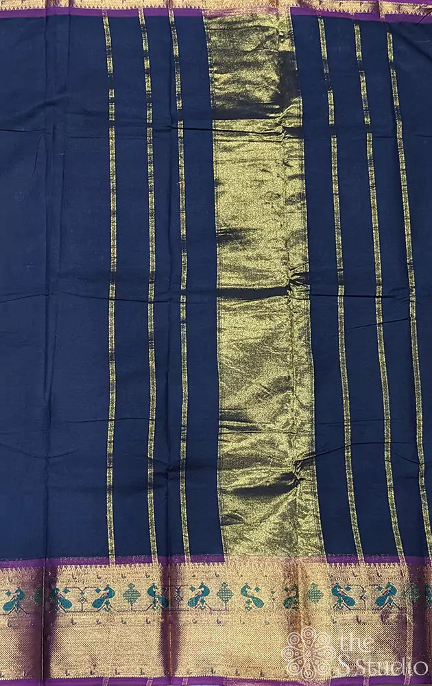 Navy blue kanchi cotton saree with zari paithani style border