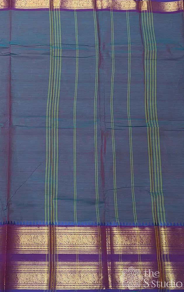Tealish blue kanchi cotton saree with long zari border