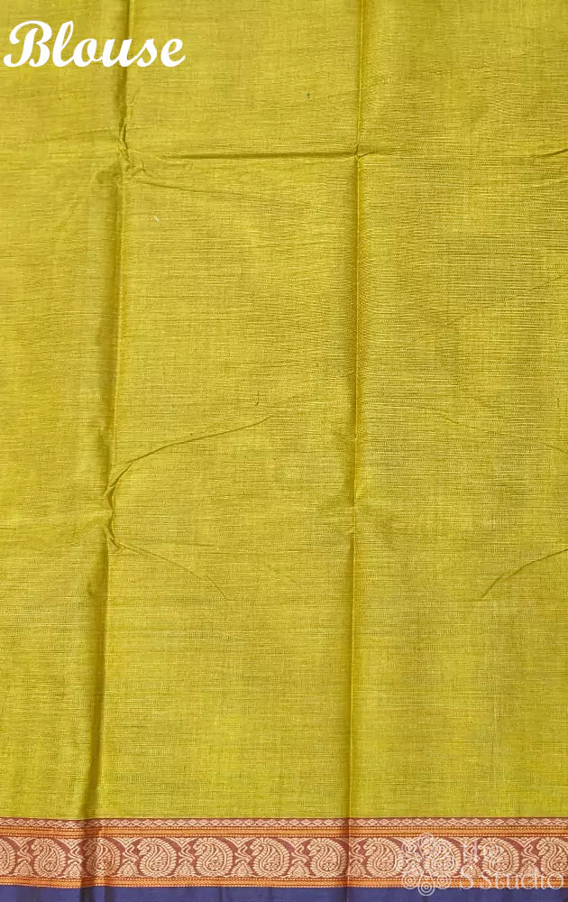 Mustard yellow kanchi cotton saree with a small thread border of mango motifs