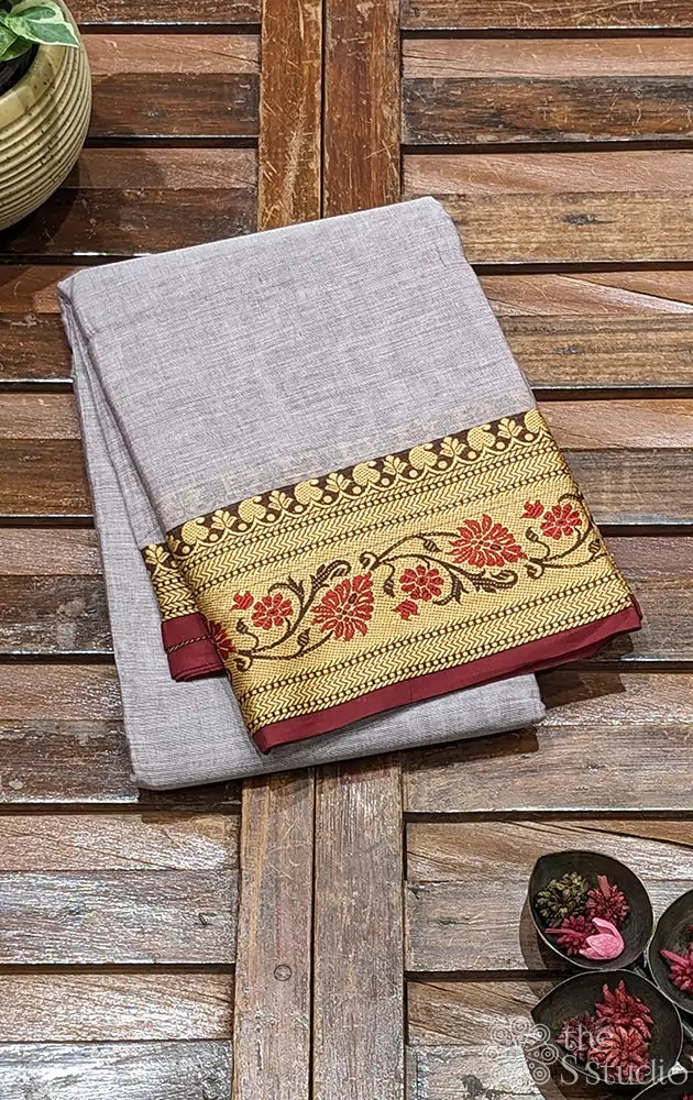 Cocoa brown kanchi cotton saree with thread border