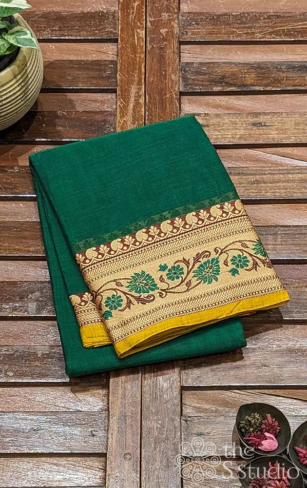 Dark green kanchi cotton saree with  mustard border