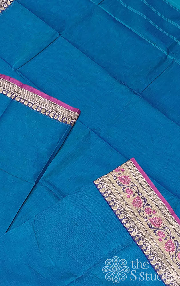 Turquoise blue Kanchi cotton saree with thread border