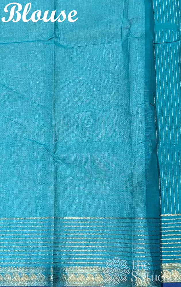 Greenish turquoise kanchi cotton saree with zari lines along the border