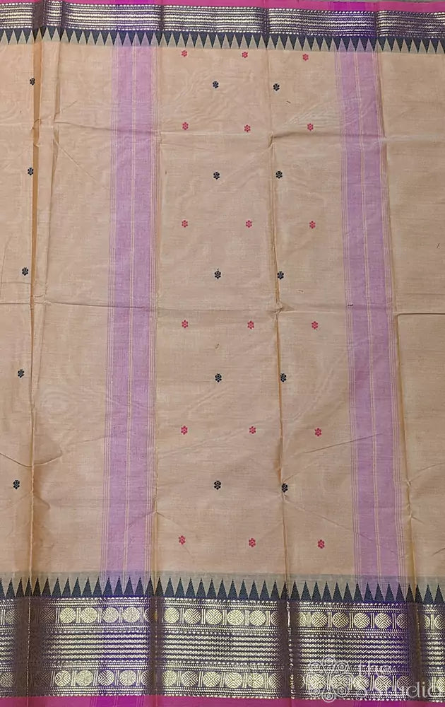 Beige kanchi cotton saree featuring temple border