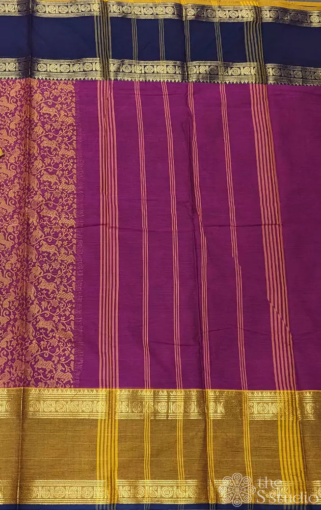 Dark magenta vanasingaram  kanchi cotton saree with ganga jamuna rettapet border