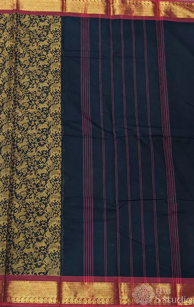 Black kanchi cotton saree featuring vanasingaram motifs