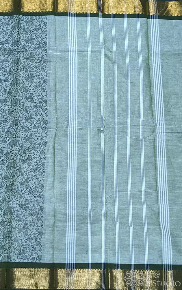 Pastel green vanasingaram kanchi cotton saree with green zari border