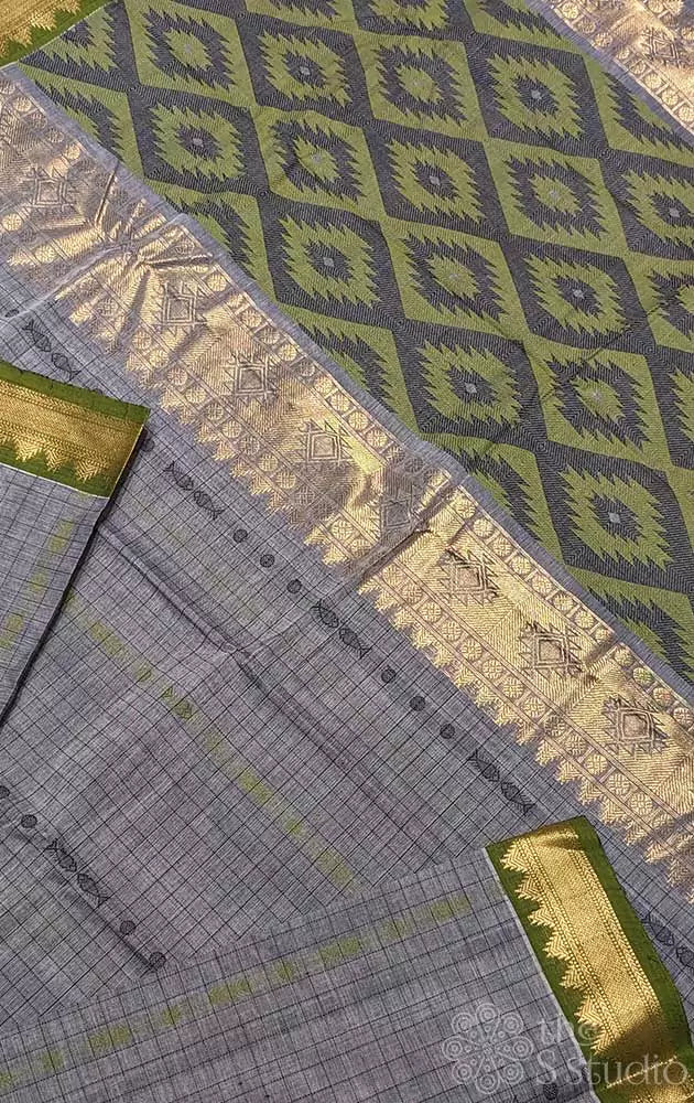 Grey checked kanchi cotton saree with green small border
