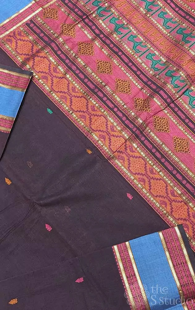 Dark brown kanchi cotton saree with rettaipet border