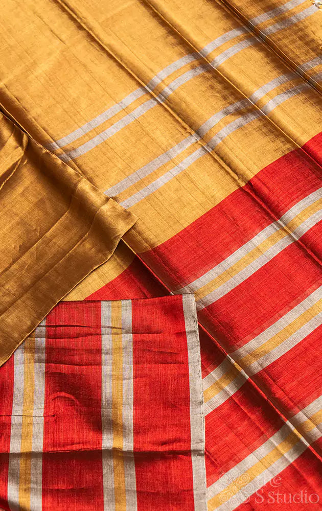 Gold chanderi tissue silk saree with red stripes