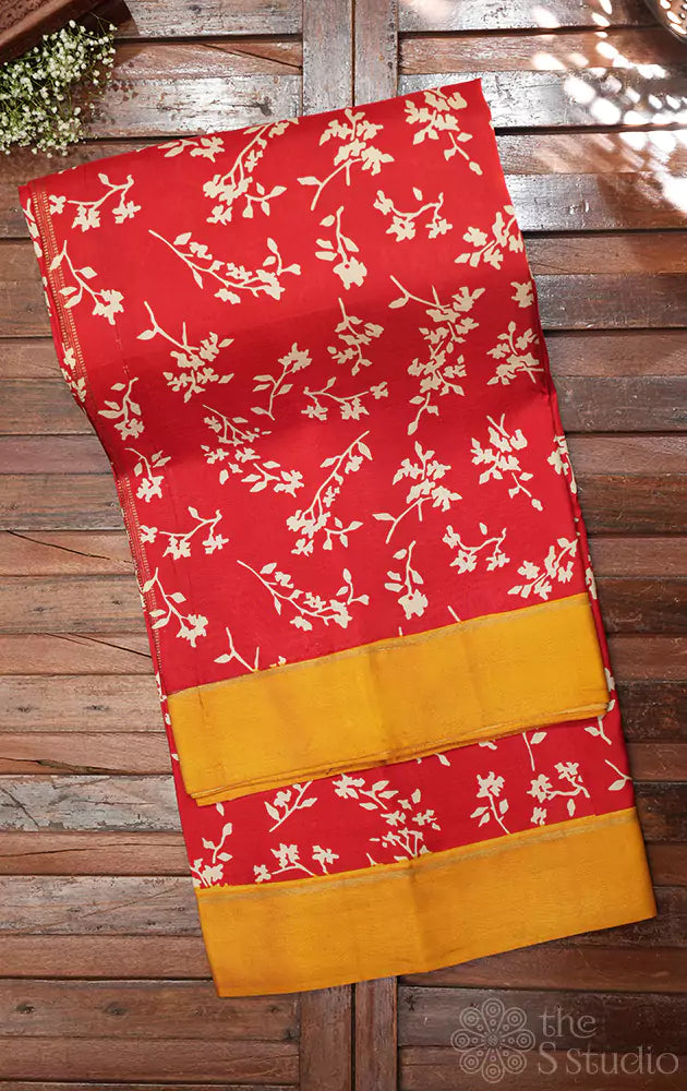 Red floral digital printed kanchi silk saree with mustard border