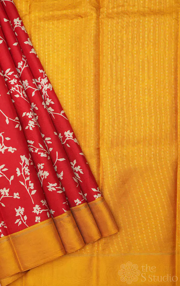 Red floral digital printed kanchi silk saree with mustard border