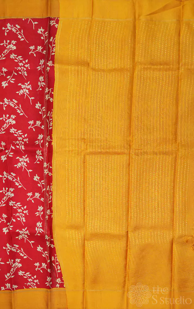 Red floral digital printed kanchi silk saree with mustard border